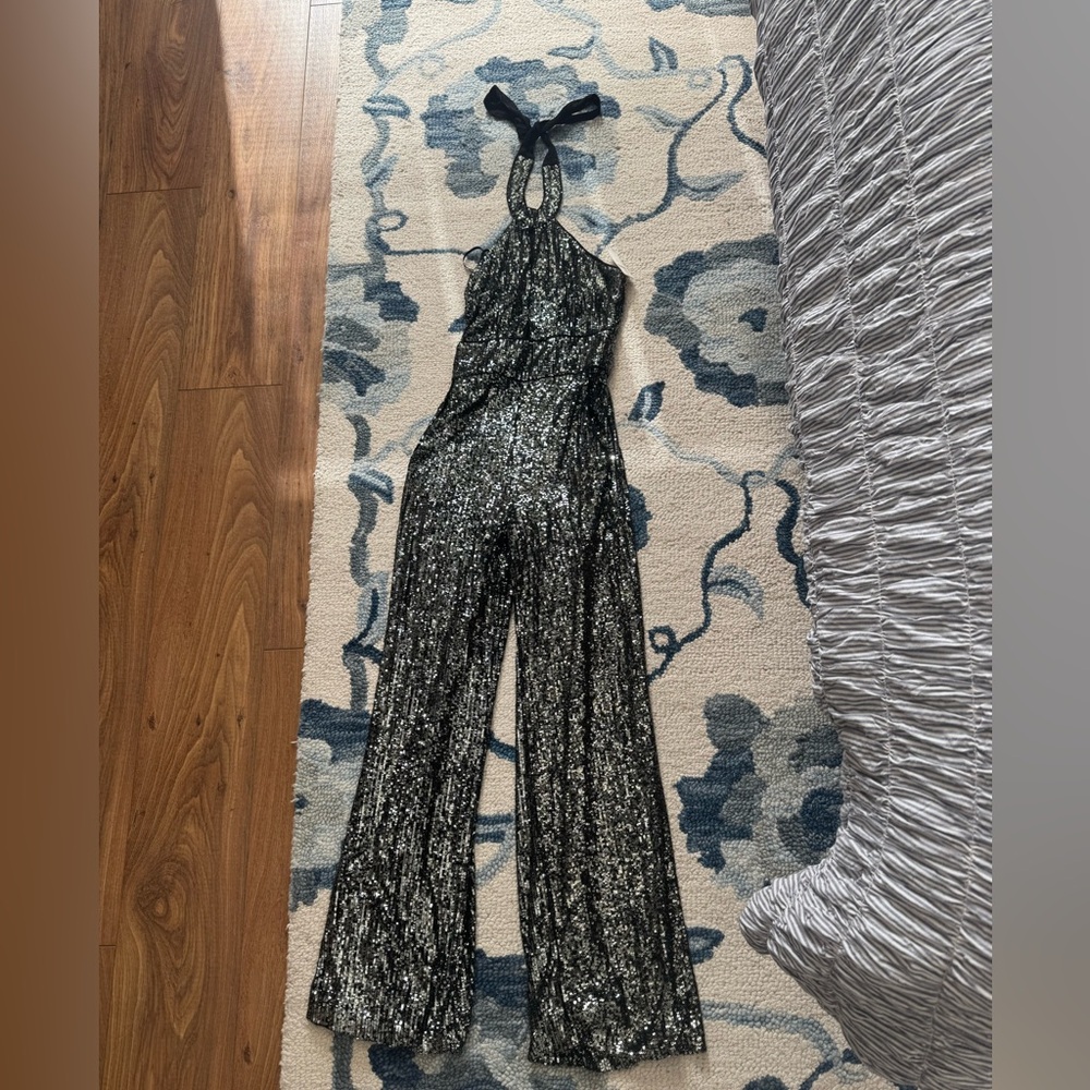 Anthropologie Sequin Halter Jumpsuit in Black and Silver
